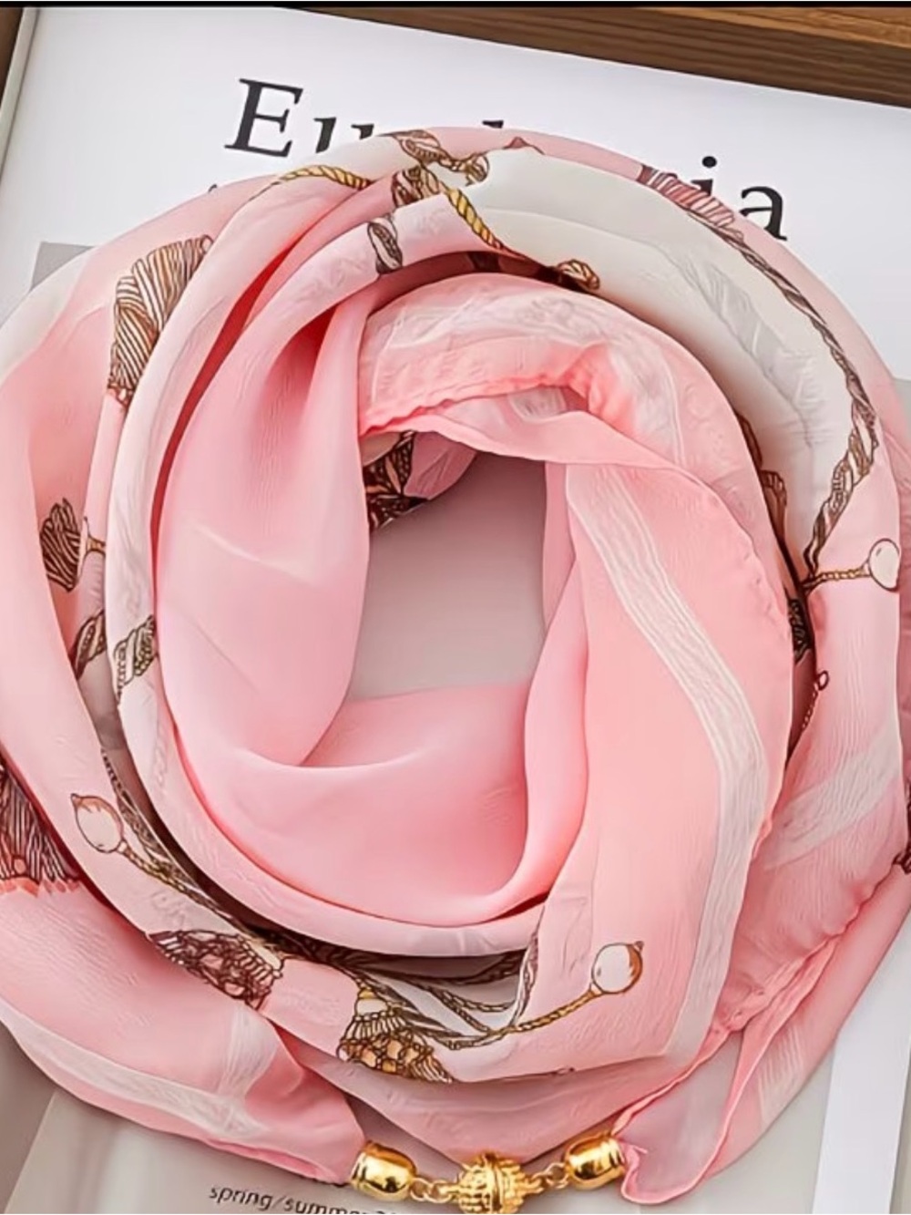 Soft Pink Silk-Feel Women's Scarf with Gold Tassel Detail